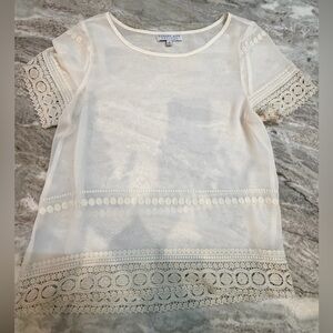 August Silk Options Ivory Sheer Lace Trim Top Size M Short Sleeve Blouse